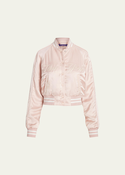 Shop Ralph Lauren Parson Logo Embossed Satin Bomber Jacket In Pink