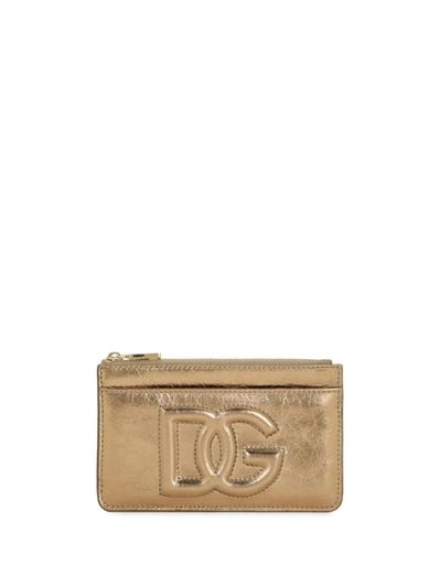 Shop Dolce & Gabbana Logo Leather Credit Card Case In Golden