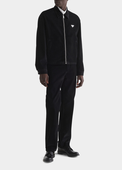 Shop Prada Men's Velvet Denim Blouson Jacket In Nero