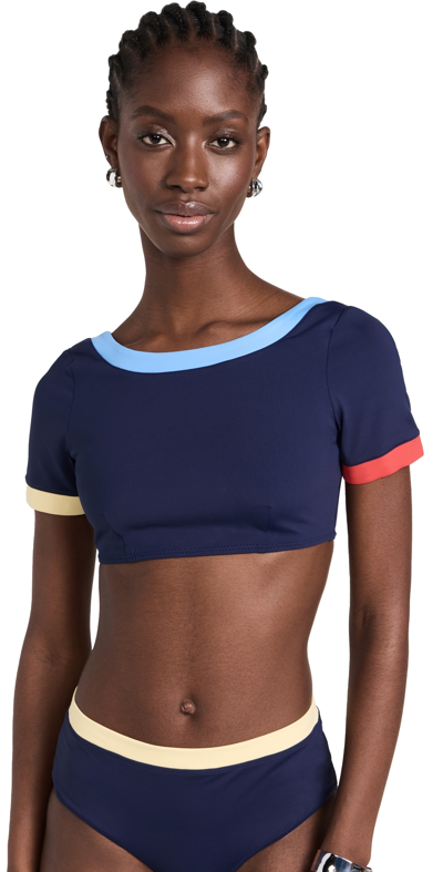 Shop Staud Lily Short Sleeve Bikini Top Navy Colorblock
