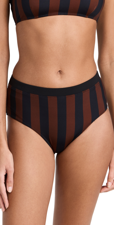 Shop Staud Devon High Rise Bikini Bottoms Black/tan Seashore Stripe