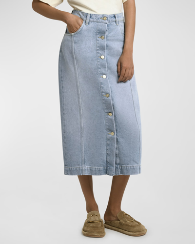 Shop Moncler Denim Midi Skirt In Medium Blue