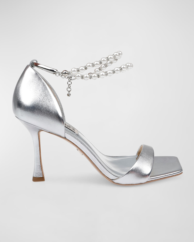 Shop Badgley Mischka Loretta Metallic Pearly-strap Sandals In Silver