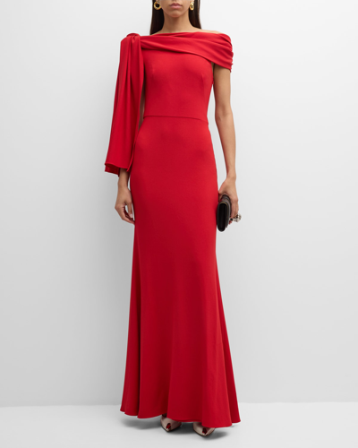 Shop Alexander Mcqueen Knot Drape Off-the-shoulder Crepe Trumpet Gown In Love Red