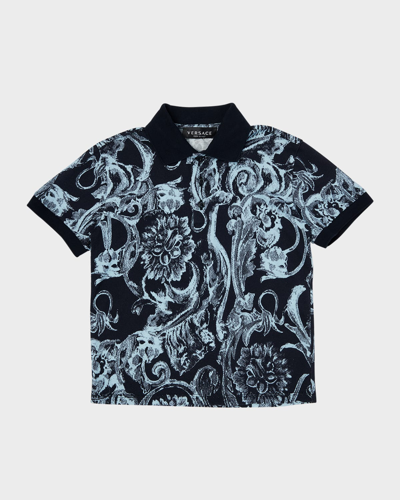 Shop Versace Boy's Barocco Piqué Short-sleeve Polo Shirt In Navypale Blue