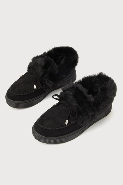 Shop Lulus Calida Black Suede Faux Fur Slippers