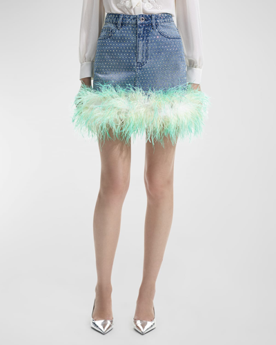Shop Self-portrait Rhinestone Ombre Feather Denim Mini Skirt In Blue