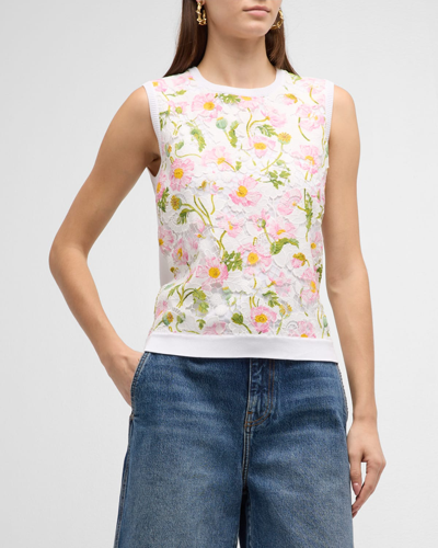 Shop Oscar De La Renta Floral-print Botanical Lace-inset Knit Tank Top In White