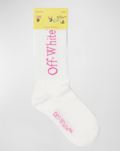 Shop Off-white Girl's Big Logo Bksh Mid-calf Socks In White Fuchsia