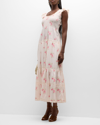 Shop Loveshackfancy Chessie Flutter-sleeve Smocked Maxi Dress In Berry Moment