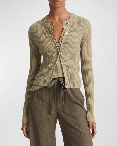 Shop Vince Ribbed Cashmere And Silk Fitted Cardigan In Artichoke