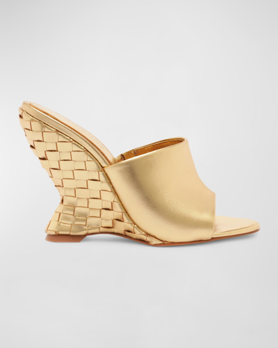 Shop Schutz Aprill Woven-wedge Slide Sandals In Gold