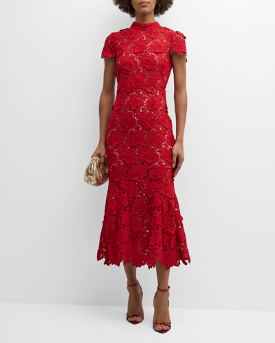 Shop Self-portrait Flower Lace Short-sleeve Trumpet Midi Dress In Red