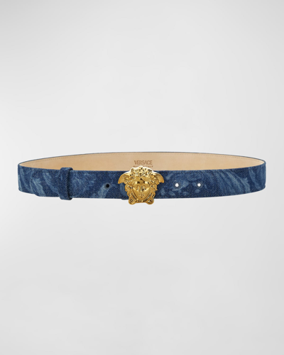 Shop Versace La Medusa Barocco Denim & Leather Belt In 1ui8v Blue Versac