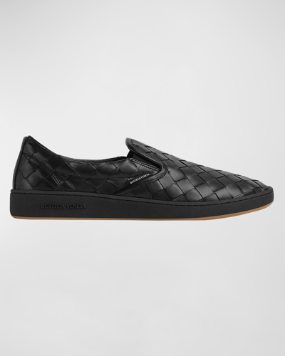 Shop Bottega Veneta Sawyer Woven Leather Slip-on Sneakers In Black