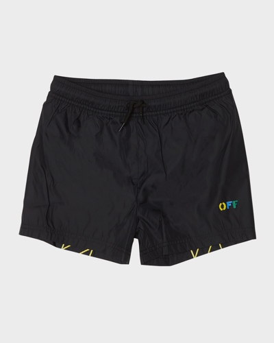 Shop Off-white Boy's Diag Rainbow Swim Shorts In Black Multicor