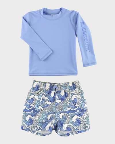 Shop Ruggedbutts Boy's Periwinkle Rashguard And Ocean Swim Trunk Set In Blue