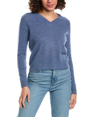Shop Minnie Rose Frayed Edge V-neck Cashmere Sweater In Blue