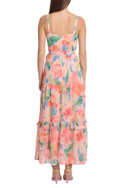 Shop Maggy London Floral Print Tiered Apron Midi Dress In Sky Blue/ Peach