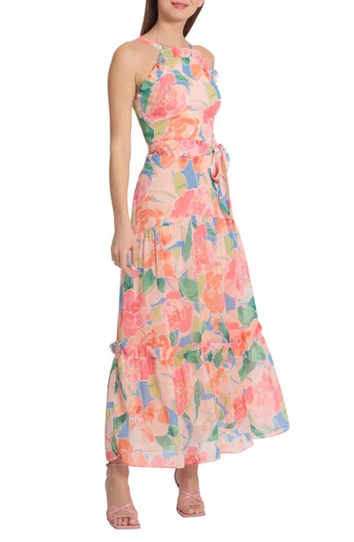 Shop Maggy London Floral Print Tiered Apron Midi Dress In Sky Blue/ Peach