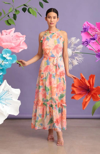 Shop Maggy London Floral Print Tiered Apron Midi Dress In Sky Blue/ Peach