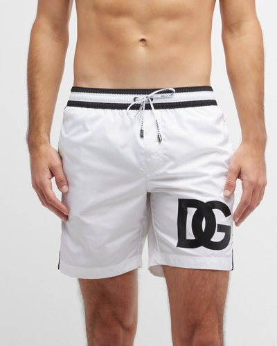 Shop Dolce & Gabbana Men's Bicolor Logo Long Swim Shorts In Whtblk