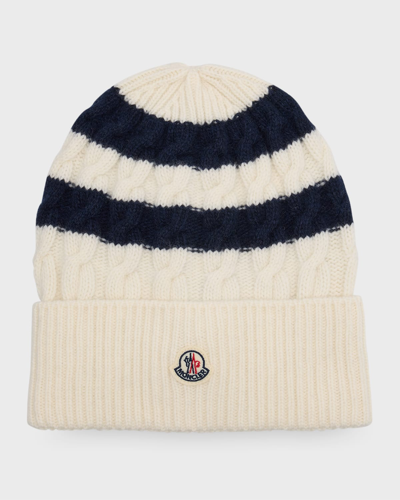 Shop Moncler Striped Cable-knit Wool Beanie In Dark Blue