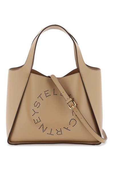 Shop Stella Mccartney Logo Perforated Top Handle Bag In Beige