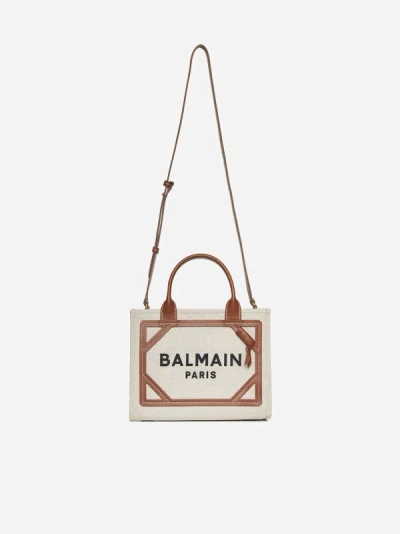 Shop Balmain B-army Shopper Small Canvas Bag In Natural,brown