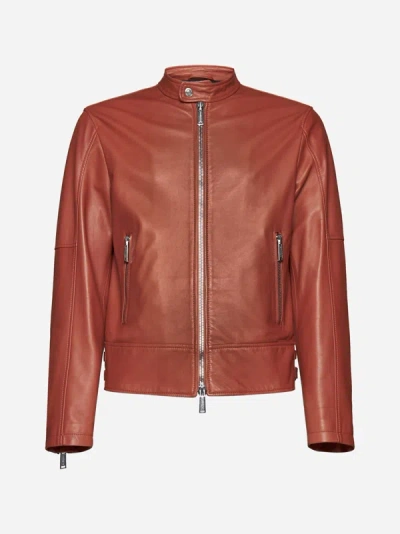 Shop Dsquared2 Leather Biker Bomber Jacket In Rusty Orange
