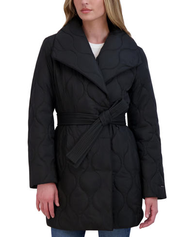 Shop Tahari Women's Petite Belted Asymmetric Quilted Coat In Black
