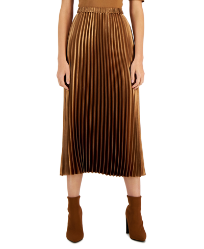 Shop Anne Klein Petite Satin Pleated Pull-on Midi Skirt In Vicuna