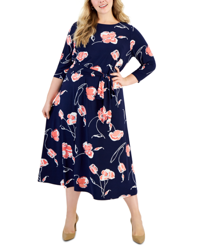 Shop Kasper Plus Size Floral-print Fit & Flare Midi Dress In  Navy Multi