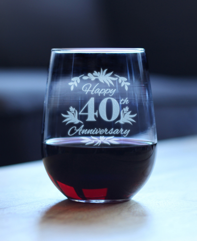 Bevvee Happy 40th Anniversary Floral 40th Anniversary Gifts Stem Less Wine Glass, 17 oz In Clear