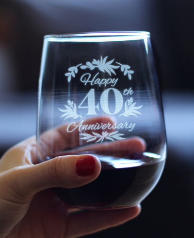 Bevvee Happy 40th Anniversary Floral 40th Anniversary Gifts Stem Less Wine Glass, 17 oz In Clear