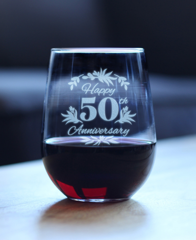 Bevvee Happy 50th Anniversary Floral 50th Anniversary Gifts Stem Less Wine Glass, 17 oz In Clear