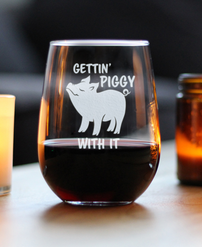 Bevvee Gettin' Piggy Funny Pig Gifts Stem Less Wine Glass, 17 oz In Clear