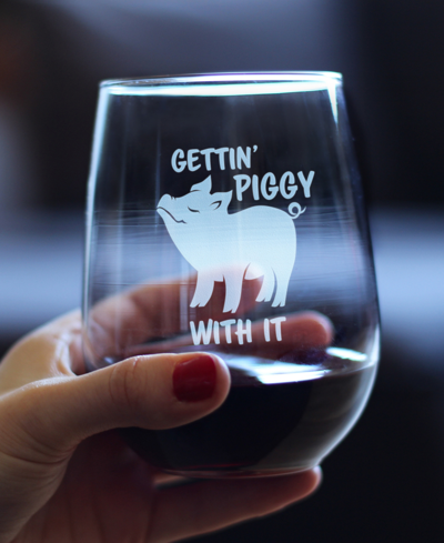 Bevvee Gettin' Piggy Funny Pig Gifts Stem Less Wine Glass, 17 oz In Clear