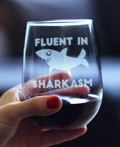 Bevvee Fluent In Sharkasm Sarcastic Shark Gifts Stem Less Wine Glass, 17 oz In Clear