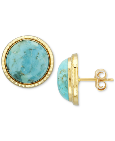 Shop Macy's Turquoise Hammered-frame Stud Earrings In 14k Gold