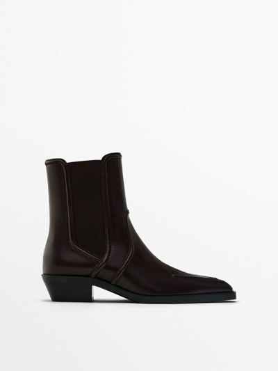 Shop Massimo Dutti Moc Toe Heeled Ankle Boots In Brown