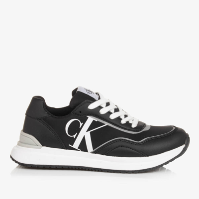 Shop Calvin Klein Teen Black Faux Leather Lace-up Trainers