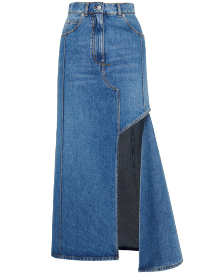Shop Alexander Mcqueen Blue Slashed Denim Midi Skirt