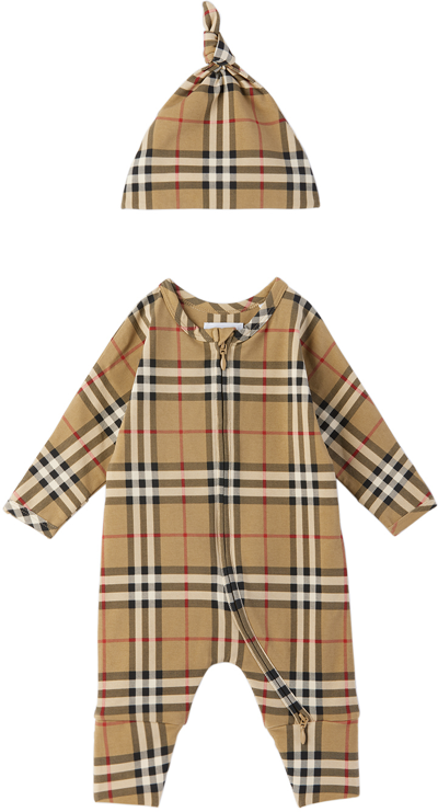 Shop Burberry Baby Beige Check Jumpsuit & Beanie Set In Archive Beige Ip Chk