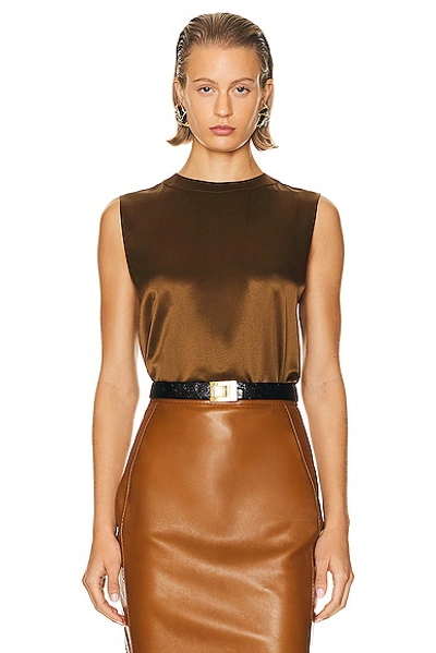 Saint Laurent Silk Satin Crepe Tank Top In Brun Chene