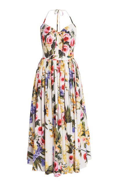 Shop Dolce & Gabbana Floral Cotton Poplin Midi Dress In Multi