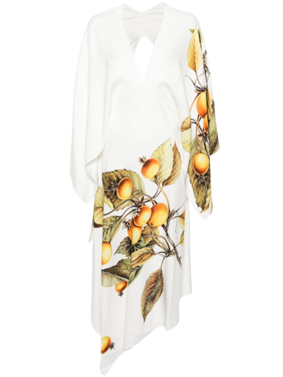 Ferragamo Asymmetric Botanical Print Midi Dress In White