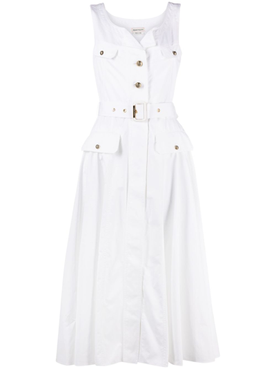Shop Alexander Mcqueen White Belted Poplin Midi Dress