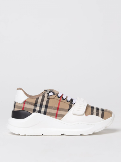 Shop Burberry New Regis Sneakers In Canvas Check And Rubber In Beige