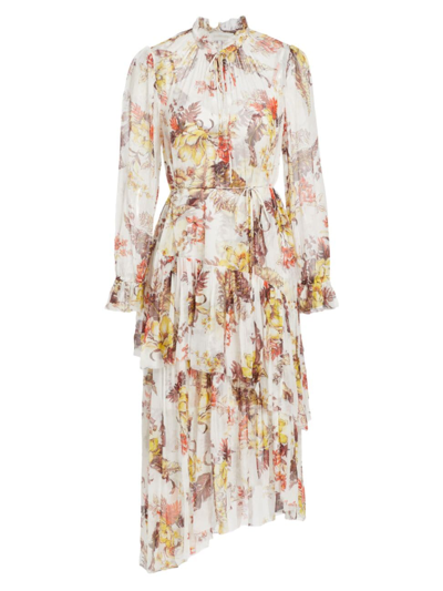Shop Zimmermann Women's Matchmaker Floral Tiered Asymmetric Midi-dress In Ivory Tropical Floral